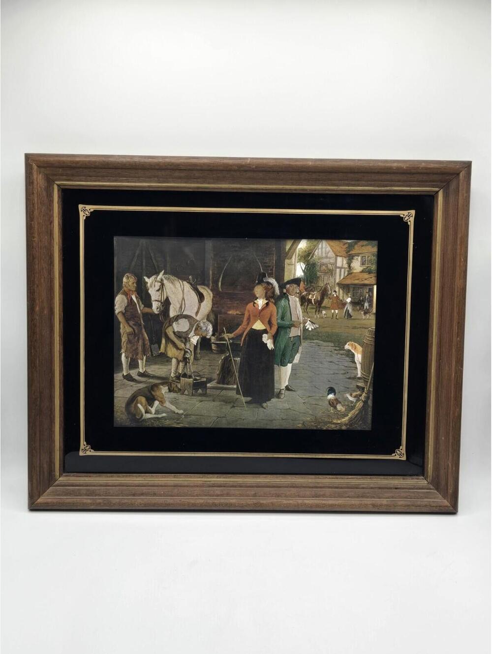 Vintage Foil Art Print Colonial Scene Horse Blacksmith Framed Wall Art 16x13
